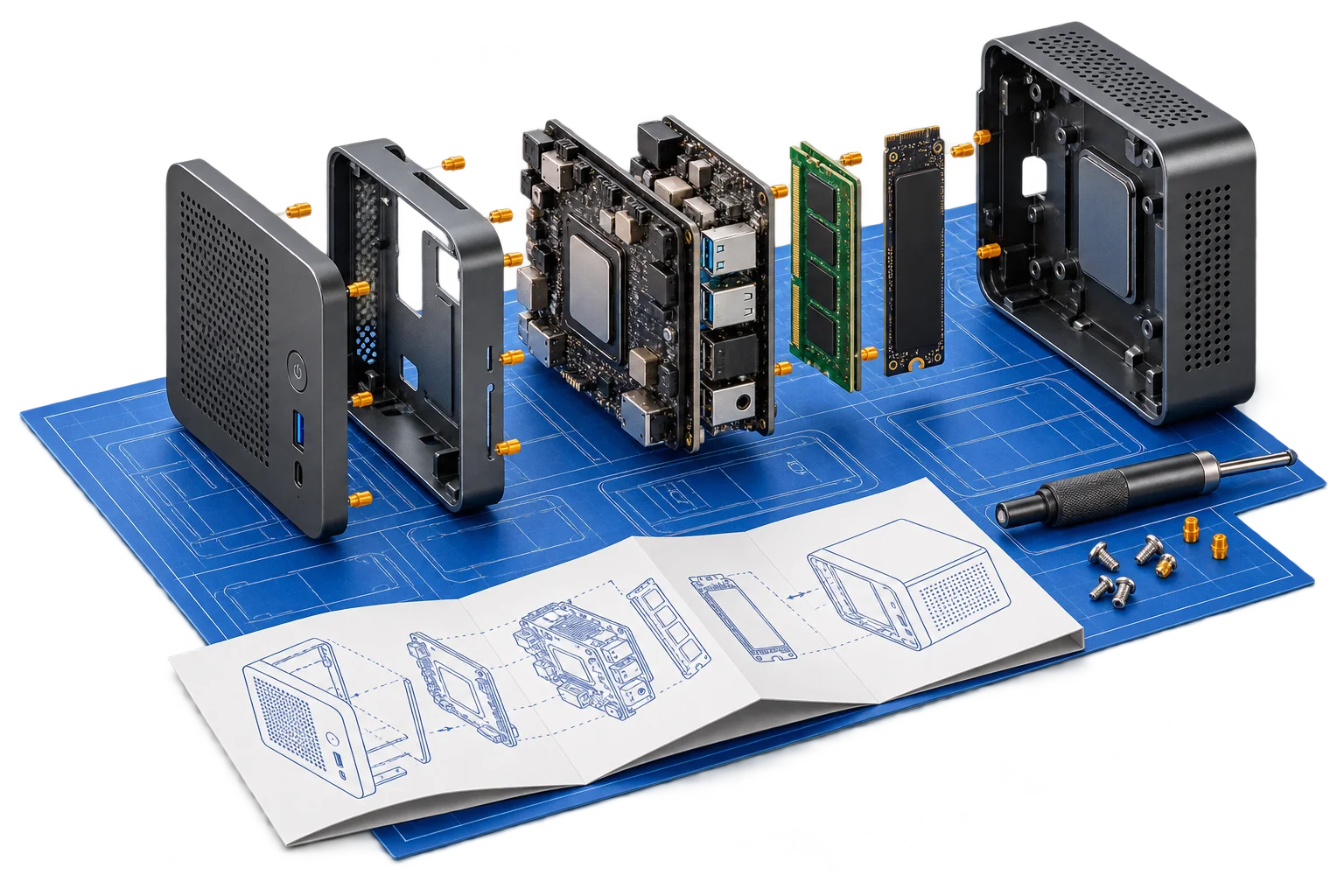 Bauteile eines Mini-PCs über einem technischen Bauplan