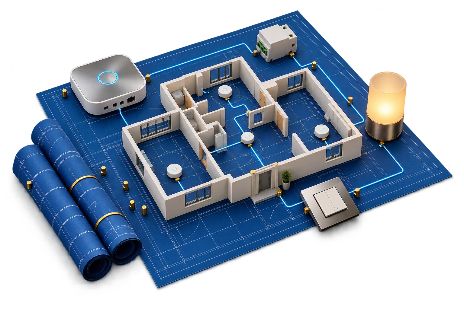 Hausgrundriss mit lokalem Hub und Smart-Home-Bauteilen