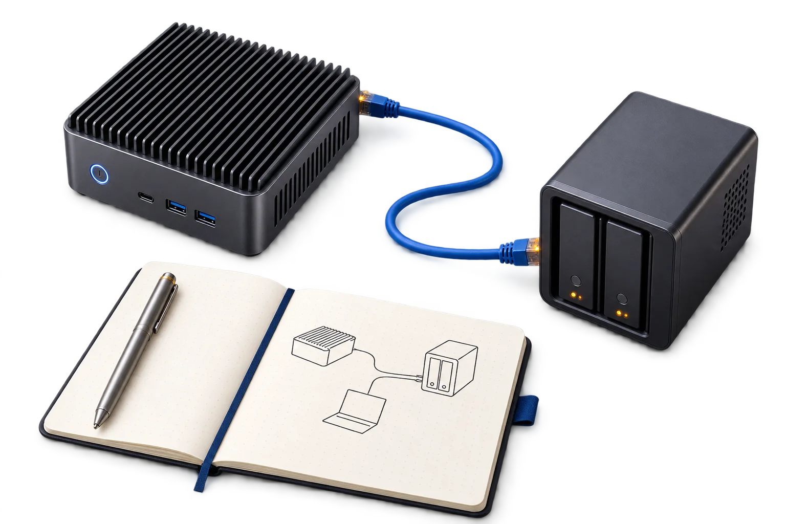 Mini-PC, NAS und Notizbuch mit einfachem Anschlussplan